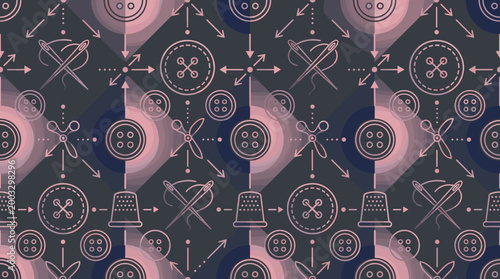 Upcycled fashion icons and clothing repair symbols integrated into a sleek seamless repeating pattern for circular style concepts.