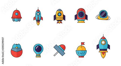 Colorful spacecraft icons for exploration