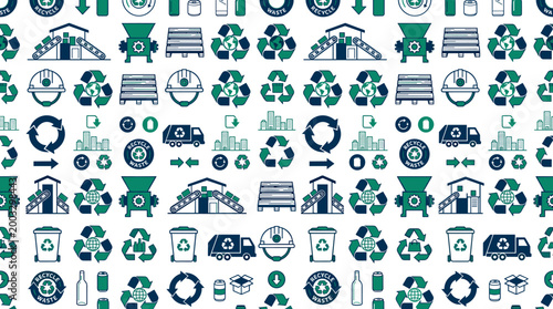 Urban recycling hub icons and municipal waste symbols arranged in a sophisticated seamless repeating pattern for city themes.