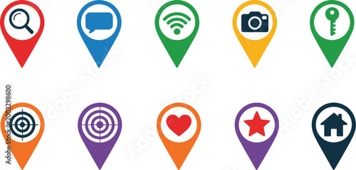 Bild auf Leinwand Colorful, map pin icons representing search communication and various points of