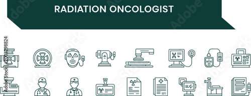 Radiation oncologist icons, cancer treatment technology, medical equipment, protective patient mask, diagnostic imaging devices, healthcare professionals, radiation therapy machines, oncology charts