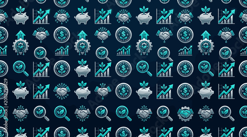 Sustainable venture capital icons and green business symbols arranged in a sophisticated seamless repeating pattern for finance