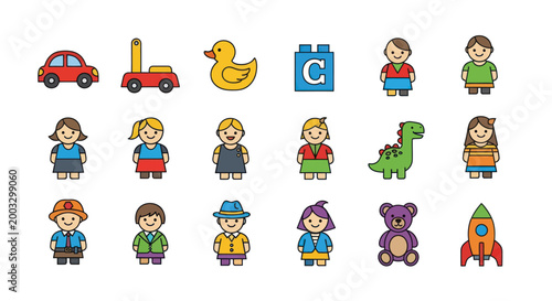 Colorful toy and people icons on white