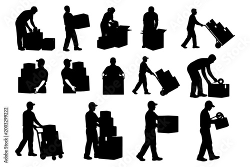 Person Packing Box Moving Relocation Silhouette Vector Set Illustration