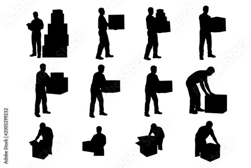 Person Packing Box Moving Silhouette Vector Set Relocation Illustration