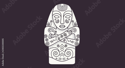 Abstract tribal figure with intricate patterns on dark background