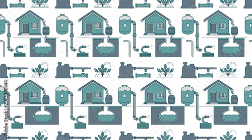 Rainwater harvesting symbols and greywater recycling icons arranged in a sophisticated seamless repeating pattern for eco-home