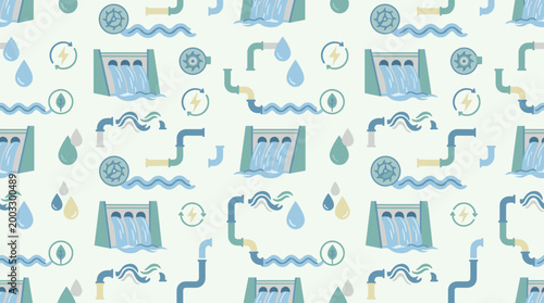 Hydroelectric dams, flowing water symbols, and eco power elements distributed in a fresh renewable energy theme showing