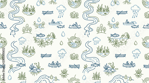 Watershed management icons and riparian protection symbols arranged in a sophisticated seamless repeating pattern for hydrology