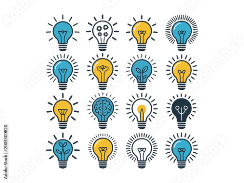 Glowing Innovation Icon Set with Blue and Yellow Light Bulbs for Science and Insight