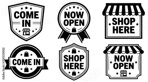 Vector illustration set of shop open and come in signs