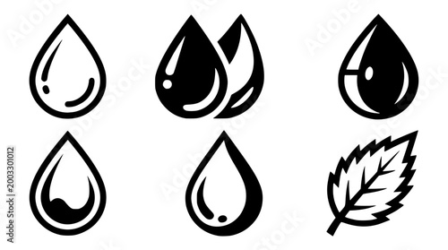 Collection of vector graphic icons representing water drops and a leaf