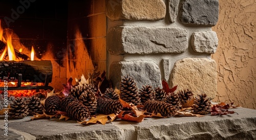 Warm Autumn Fireplace Scene Featuring Scattered Pinecones and Dried Leaves on a Stone Hearth, Evoking Seasonal Comfort