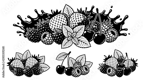 Detailed vector illustration of fresh berries and juicy fruits
