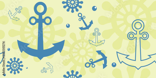 Seamless Nautical Pattern with Blue Ship Anchors and Steering Wheels on Yellow Background Vector