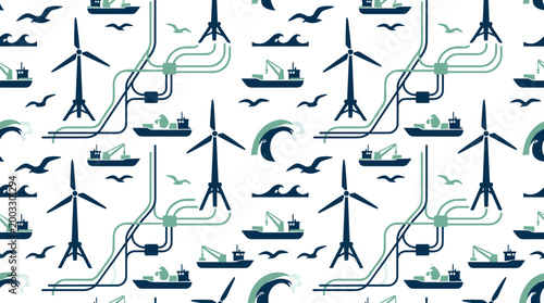 Offshore wind energy components and marine infrastructure symbols forming a continuous seamless pattern for renewable maritime