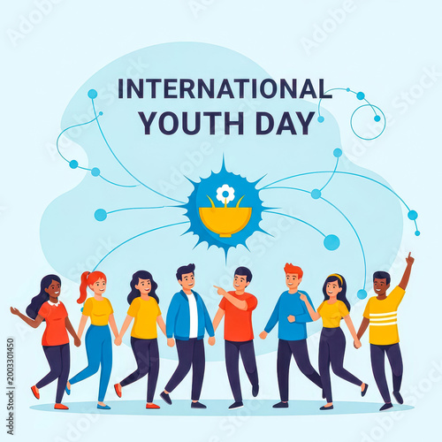 Diverse youth group holding hands celebrating international youth day with colorful illustration