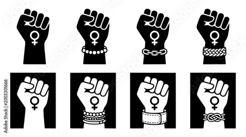 Raised fists featuring female gender symbols in a vector illustration