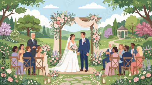 Beautiful Outdoor Garden Wedding Ceremony with Bride and Groom under Floral Arch