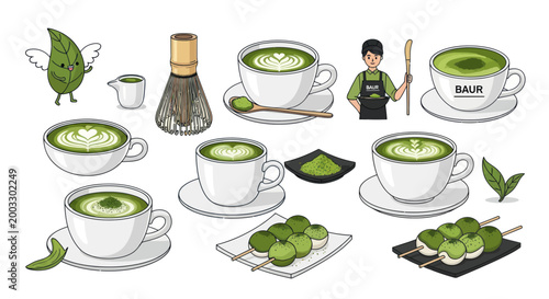 Matcha Tea and Latte Illustration Set with Japanese Dango and Barista