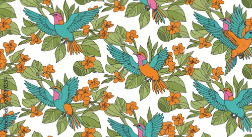 Seamless pattern with tropical birds and botanical leaves in hand-drawn style
