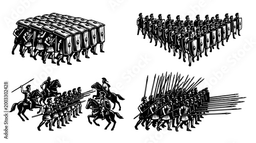 Antique vector illustration of ancient roman army battle formations