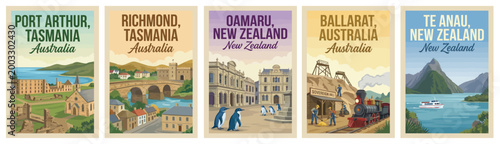 Majestic oceania travel poster set. Including port arthur, richmond, oamaru, ballarat, and te anau for iconic wall art prints. Retro vector illustration.