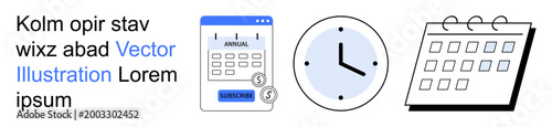Time management, financial planning, scheduling tools, organization, productivity, goal setting. Budget tracker, clock and calendar icons. Time management and financial planning concept