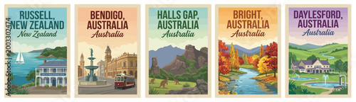 Majestic oceania travel poster set. Including russell nz, bendigo, halls gap, bright, and daylesford for iconic wall art prints. Retro vector illustration.