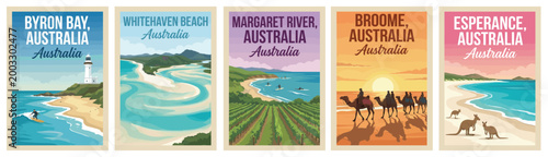Majestic australia travel poster set. Including byron bay, whitehaven, margaret river, broome, and esperance for iconic wall art prints. Retro vector illustration.