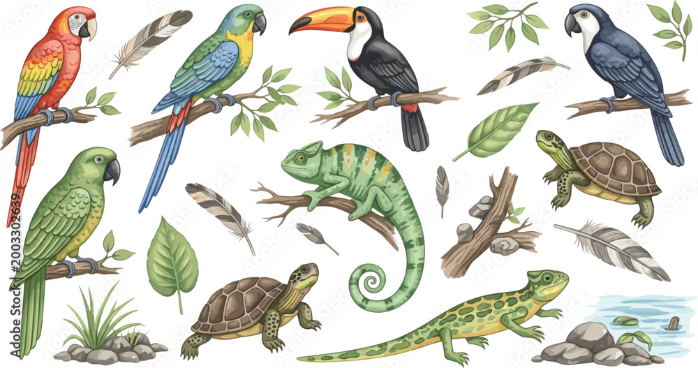 Fototapeta premium Exotic Birds and Reptiles Collection Vector Illustration Featuring Parrot Toucan Chameleon Turtle Lizard and Tropical Wildlife Elements Set
