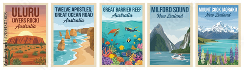 Majestic oceania travel poster set. Including uluru, twelve apostles, great barrier reef, and milford sound for iconic wall art prints. Retro vector illustration.