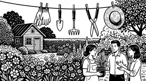 Group of people gardening together in a beautiful outdoor setting