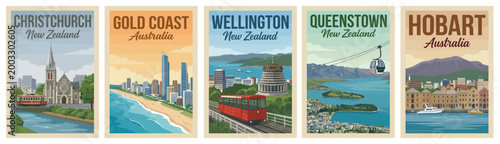 Majestic oceania travel poster set. Including christchurch, gold coast, wellington, queenstown, and hobart for iconic wall art prints. Retro vector illustration.