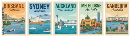 Majestic oceania travel poster set. Including brisbane, sydney, auckland, melbourne, and canberra for iconic wall art prints. Retro vector illustration.