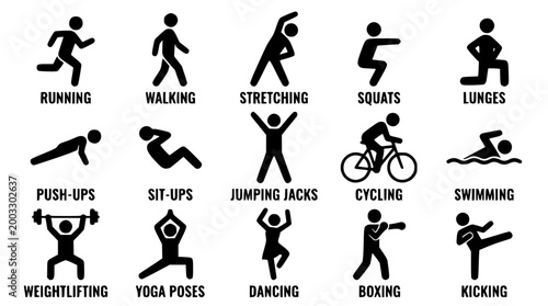 Collection of stick figure icons depicting various physical exercise activities