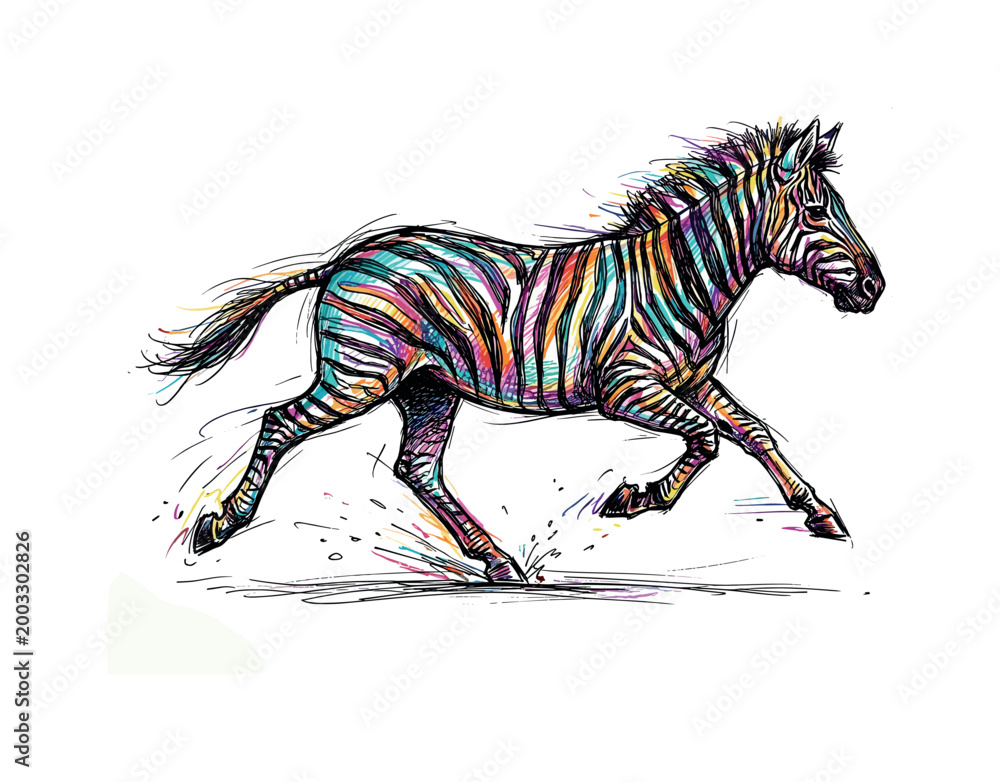 Fototapeta premium Vibrant, colorful zebra illustration with dynamic motion and artistic flair