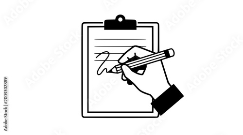 Hand holding pencil signing a contract on a clipboard
