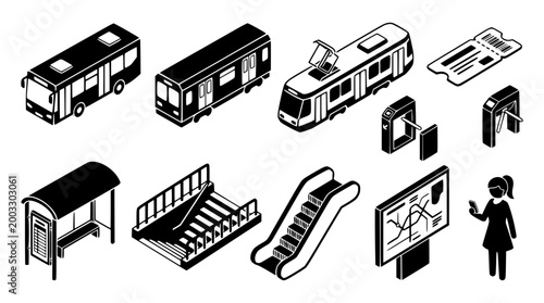 Set of black and white public transportation vector icons