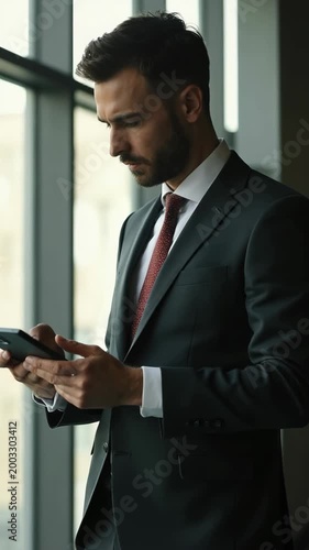 Confident young businessman in a formal suit standing by a large window in a modern office, using smartphone for work communication, decision making, or networking during daytime.