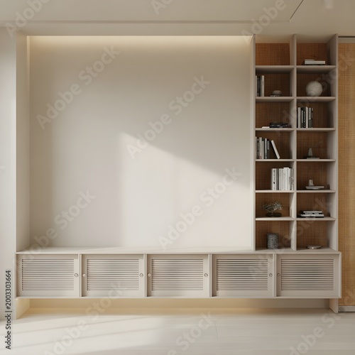 Modern minimalist interior design with builtin shelving and storage units