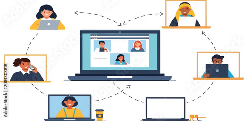 Remote team collaboration, online meeting, video conferencing, virtual workspace, communication icons