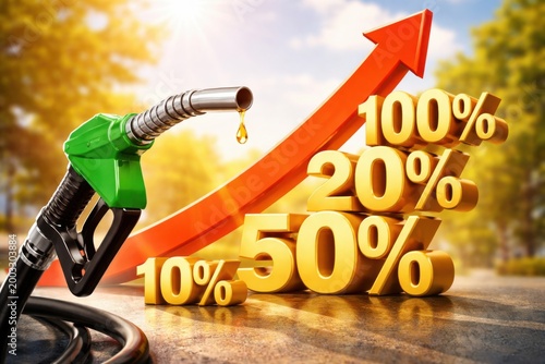 A green fuel pump nozzle dripping gasoline with rising percentages and a red arrow indicating increasing fuel prices or consumption.