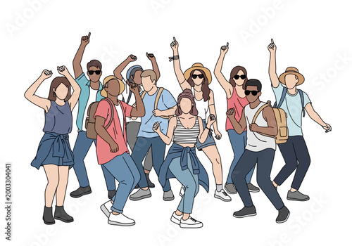 Diverse group of young people dancing and having fun together.
