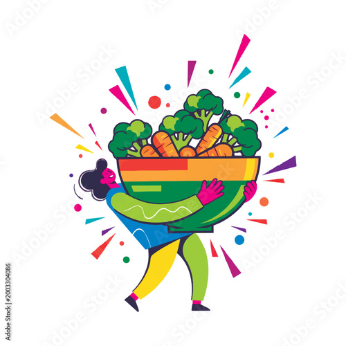 Cheerful character carrying a giant bowl filled with fresh broccoli and carrots. Vibrant flat vector illustration celebrating healthy eating, organic nutrition, and vegan lifestyle on white.