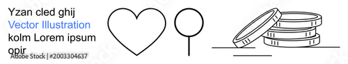 Finance, love, celebration, saving, minimalism, graphics. Outline of a heart, balloon and stacking coins. Finance and love connections with minimalism and design concepts