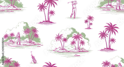 Golf Toile de Jouy Seamless Pattern with Tropical Islands