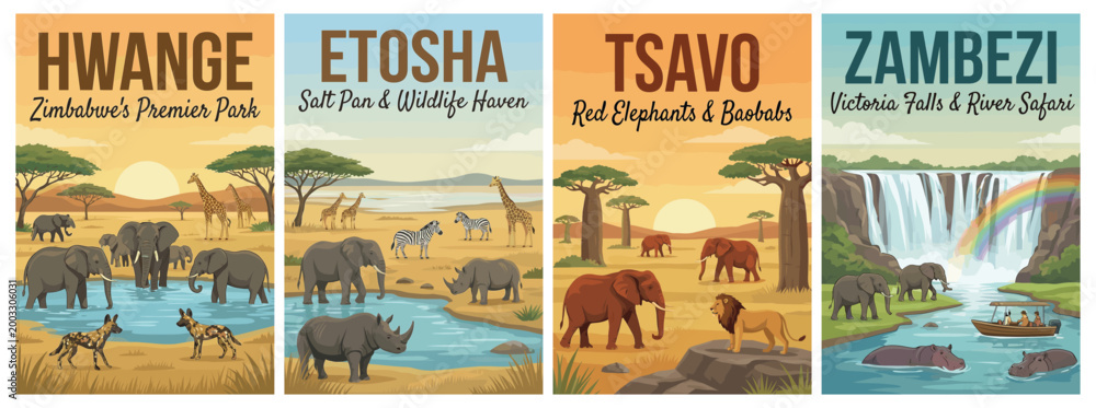 Fototapeta premium Majestic safari locations travel poster set. Including hwange, etosha, tsavo, and zambezi for iconic wall art prints. Retro vector illustration.