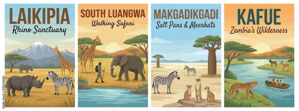 Fototapeta premium Majestic safari locations travel poster set. Including laikipia, south luangwa, makgadikgadi, and kafue for iconic wall art prints. Retro vector illustration.