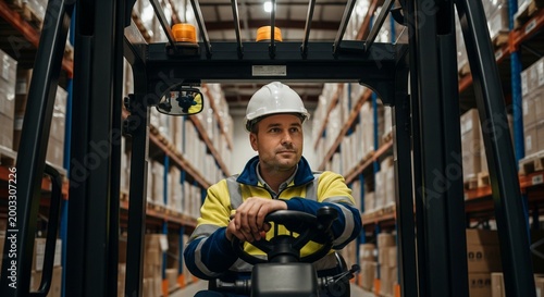 Warehouse worker wearing a hard hat and safety vest driving a forklift through tall shelves of boxes